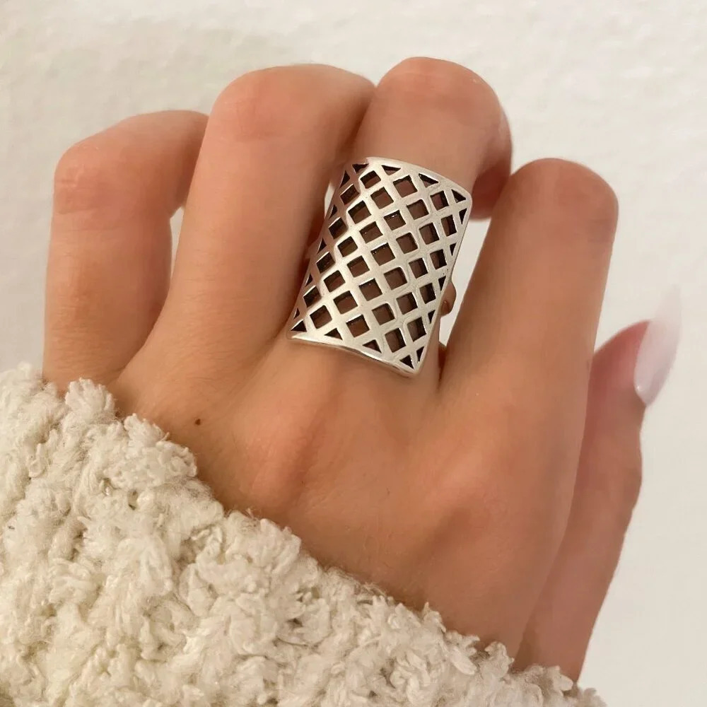925 Sterling Silver Large Rectangle Ring Chunky Thick Bold Wide Statement Ring